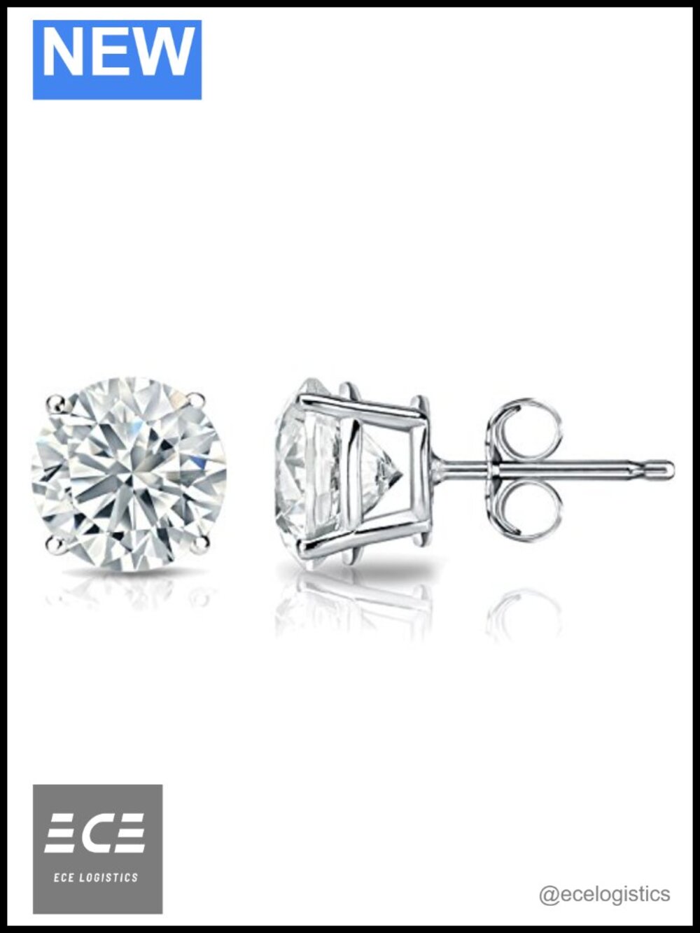 14k White Gold Lab Grown Diamond Stud Earrings 2 Carat 4-Prong Push Back